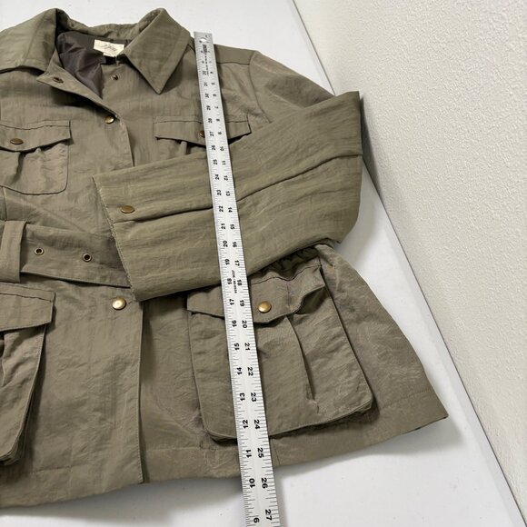 J Jill Cargo Utility Jacket Petite L LP Green Nylon Snap Safari Trench Belt Coat - Picture 11 of 11